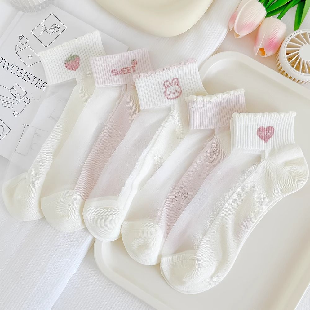 Children's summer crystal glass silk pink socks, girls' short socks, ultra-thin style, cute cartoon bunny design.