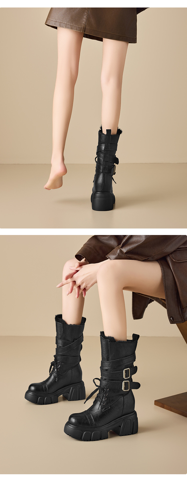 Boot cổ trung nữ gót vuông 10cm phong cách biker khóa thắt lưng — nhung nâu chi tiết 5