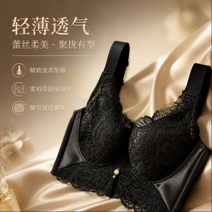 European and American Cross-Border Sexy Lace Bra, Large Bust Minimizing Thin Cotton Breathable Bra, Memory Steel Ring Side Breast Support Underwear