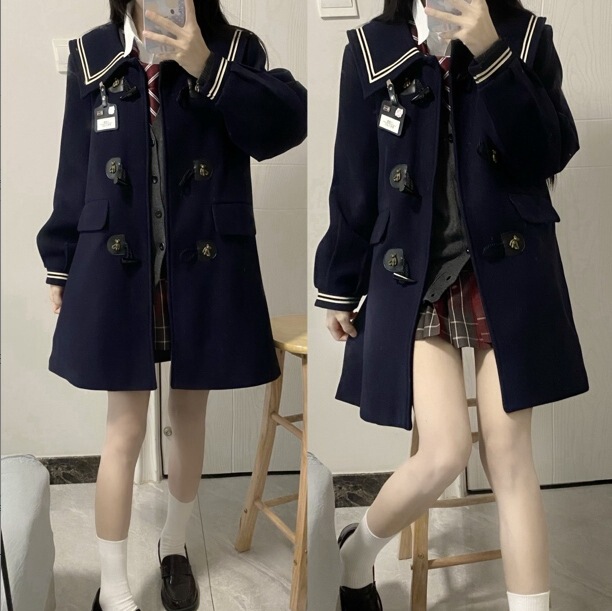 Korean style quilted solid color elegant navy style woolen coat loose woolen coat for women