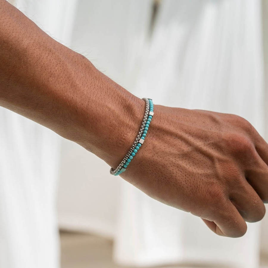 European and American fashion double layer turquoise bracelet men's new bohemian style beaded black stone chain bracelet combination