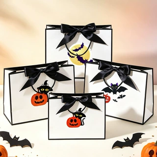 Halloween万圣节礼品袋黑猫南瓜印花手提纸袋 万圣派对讨糖袋批发