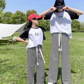亲子装夏装条纹阔腿裤套装2024新款韩版中大童休闲短袖运动两件套