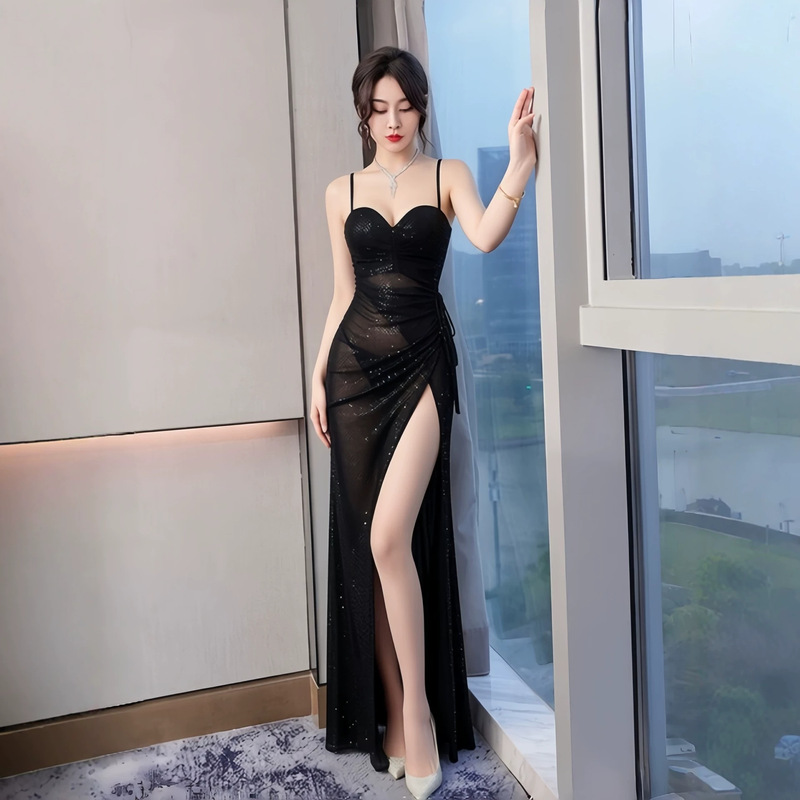Black New Style Sequin Dress with Drawstring Waist for Women, Elegant Slim-Fit Long Evening Gown for Parties and Dates Black New Style Sequin Dress with Drawstring Waist for Women, Elegant Slim-Fit Long Evening Gown for Parties and Dates