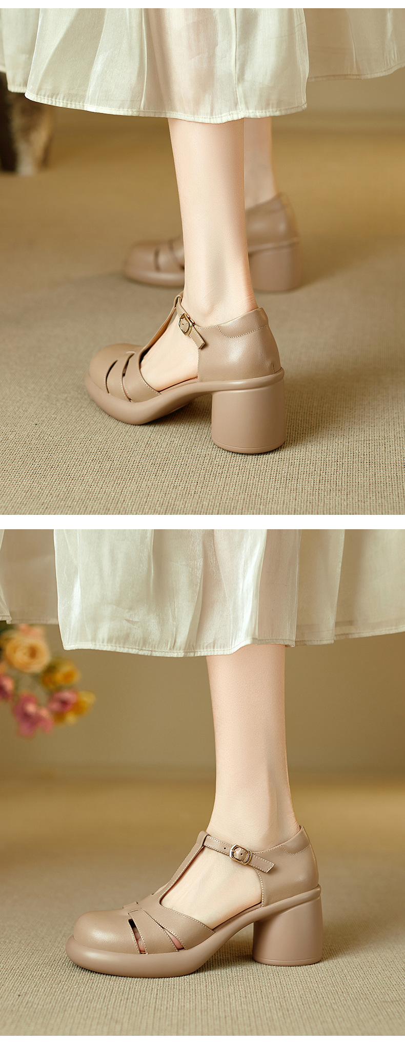 Sandal cao gót nữ mũi kín gót 7.5 cm phong cách vintage quai chữ T — màu nâu chi tiết 7