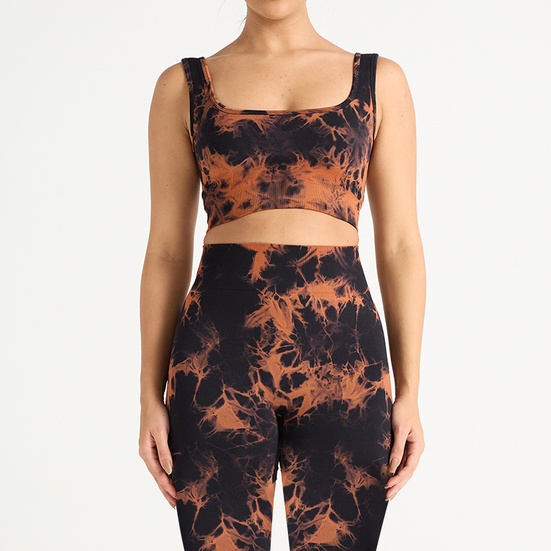Nuevo traje de yoga de secado rápido de cadera deportivo de cintura alta sin costuras europeo y americano de tres piezas pantalones de yoga de teñido ajustado para mujer
