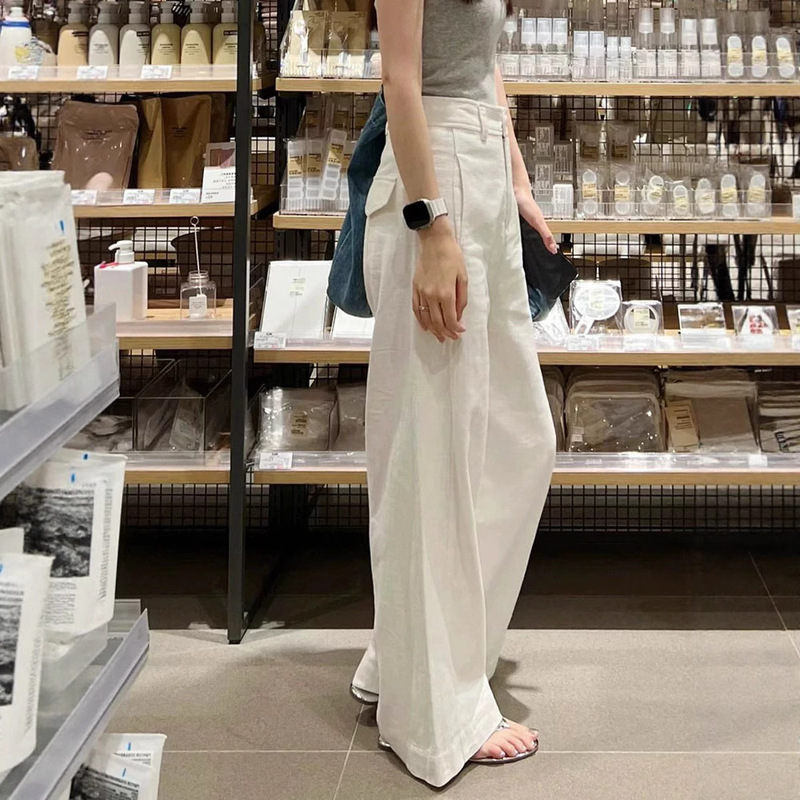 2025 New Autum Style Small White Cotton and Linen Wide-Leg Pants High-Waist Draped Slim Straight Casual Pants Women's Clothing