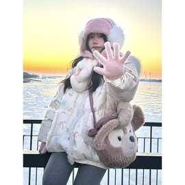 学院风甜美蝴蝶结毛领棉服女冬季新款设计感小个子百搭面包服外套