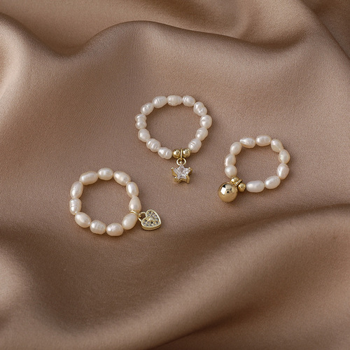Freshwater Pearl Ring Women's Fashion Personality Ins Trend Niche Design Simple Zircon Love Star Elastic Ring