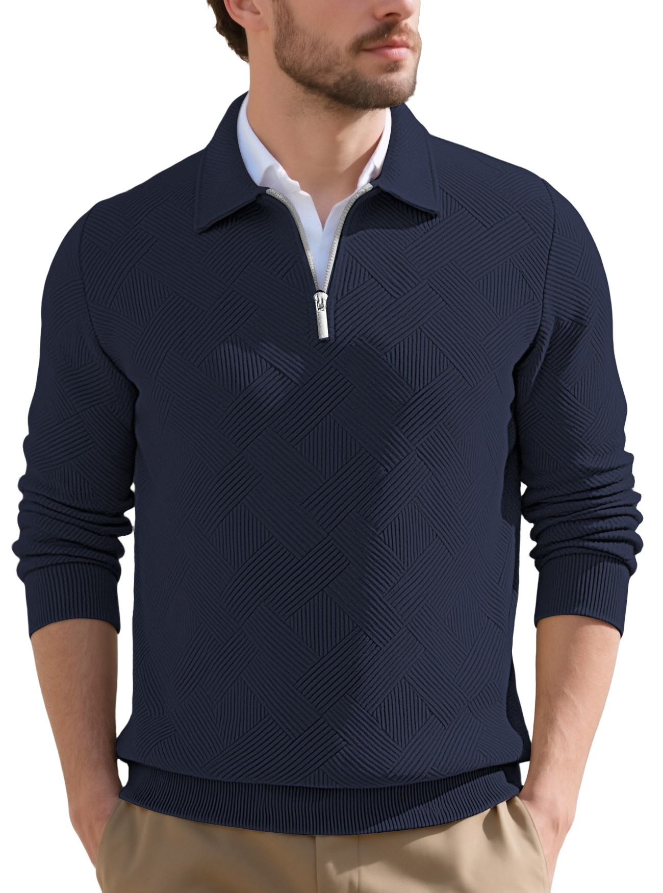 Transfronterizos Europa y América Amazon American otoño nuevo hombre retro jacquard manga larga con solapa media cremallera camiseta casual