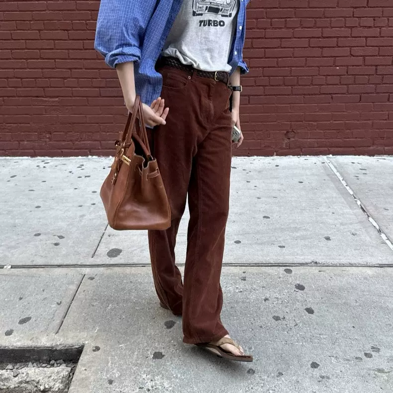 现货 2025秋季新韩国东大门th*Bar*net高腰直筒灯芯绒休闲裤长裤