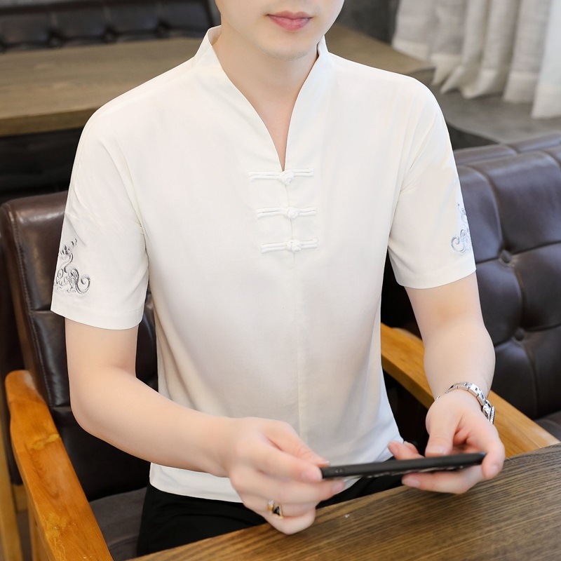 Comercio exterior al por mayor verano nuevo estilo hombre de moda bordado con hebilla de disco estilo chino camiseta de manga corta para hombre nuevo estilo chino generación transfronteriza