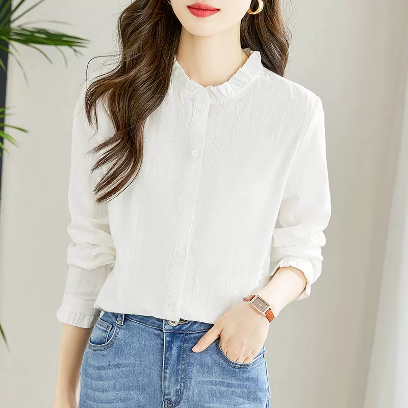 棉茧 木耳领内搭白衬衫女长袖2025春装新款纯棉上衣衬衣打底衫