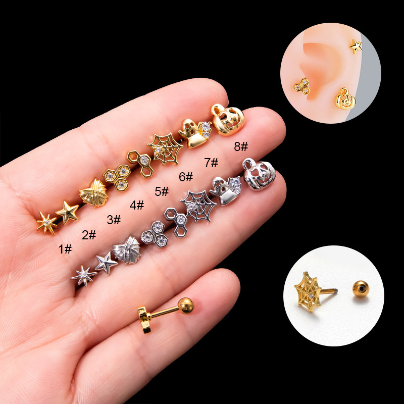 Henson's new 1.2 pole thick double head screw Halloween little devil pumpkin funny fashion piercing ear bone nail_voghion.com