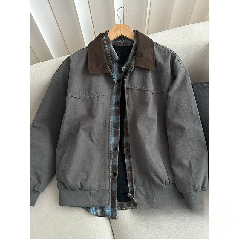 Cross-Border Workwear Jacket for Men, Spring Trendy Brand, Loose Casual Lapel Bomber Jacket, Gray-Green