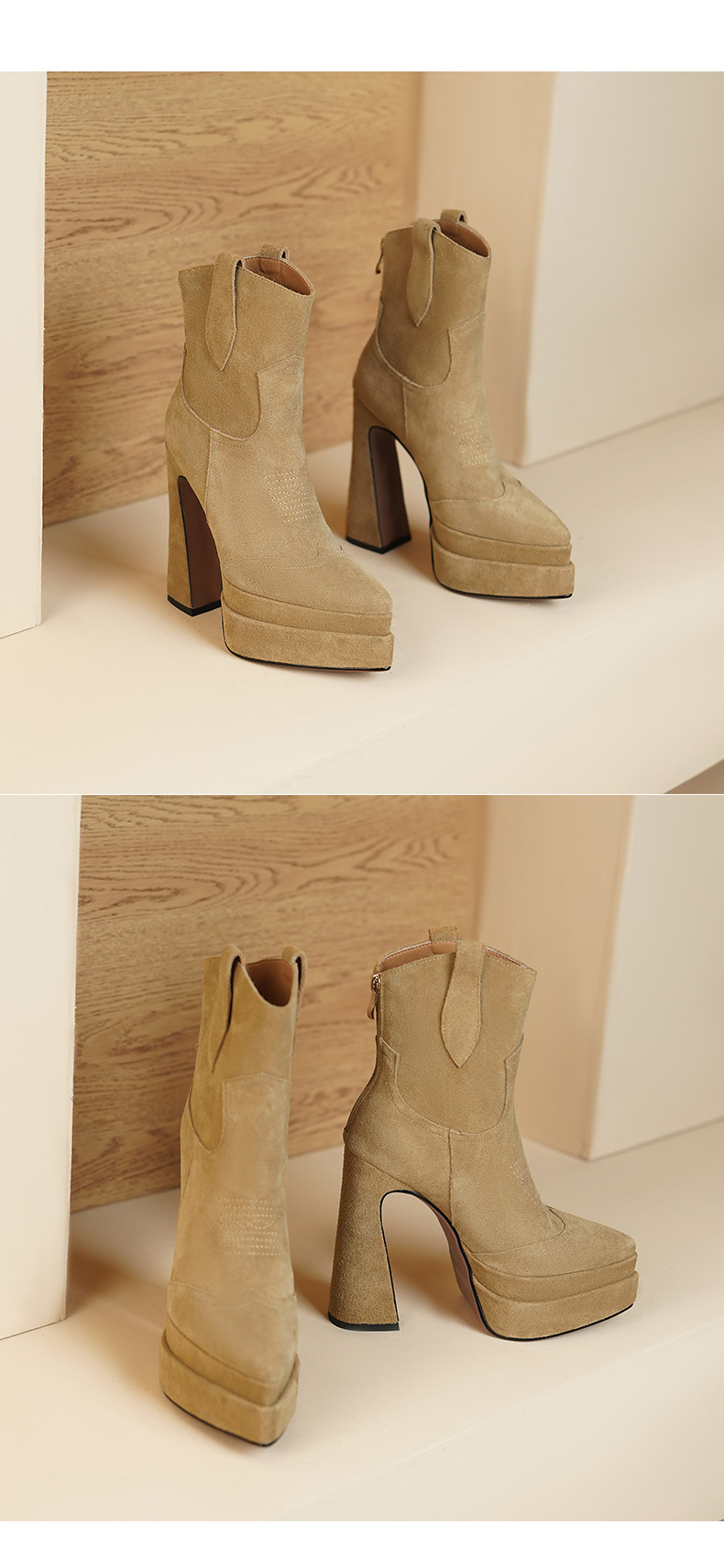 Boot nữ cổ thấp mũi nhọn gót vuông platform 14 cm da thật — Màu đen (lót nhung) chi tiết 3
