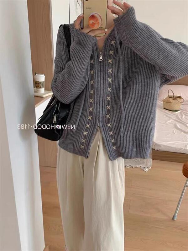 Design sense niche zipper hooded knitted cardigan outer wear top women's autumn and winter New loose embroidered sweater coat