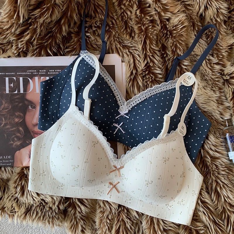 French Lace Polka Dot Japanese Girl Seamless Bra Small Chest Push-Up Side Breast Anti-Sagging Wireless Bra