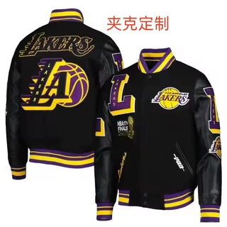 来图来样工厂定制美式街潮牌毛巾绣工艺呢子PU皮袖棒球服湖人夹克