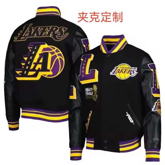 Come to the Factory with Pictures and Samples to Customize American Street Fashion Brand Towel Embroidery Craft Woolen Pu Leather Sleeve Baseball Uniform Lakers Jacket