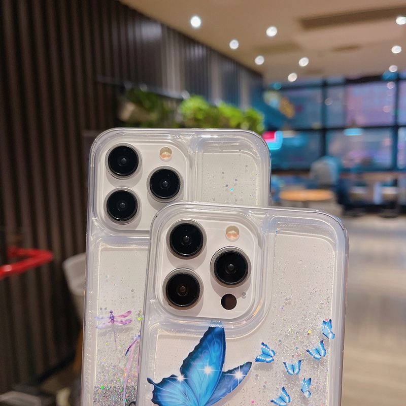Suitable for 15ProMax phone case, Apple 14 Butterfly Dragonfly Sparkling Powder, Sand S24 Protective Case, Mate60 Trendy_voghion.com