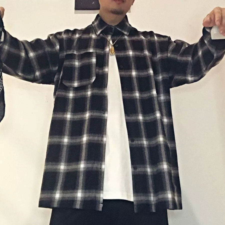 В американском стиле Chicano Классическая клетчатая тканая Толстая версия с пуговицами свободная Ретро рубашка с длинным рукавом для мужчин