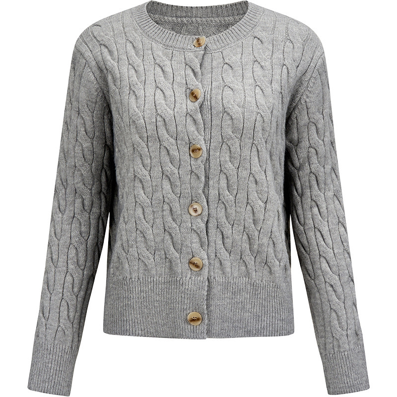 Pony American-Style Basic Round-Neck Chunky Knit Single-Breasted Cardigan for Women, Soft and Cozy Autumn-Winter Pink Sweater, Trendy Long Sleeves