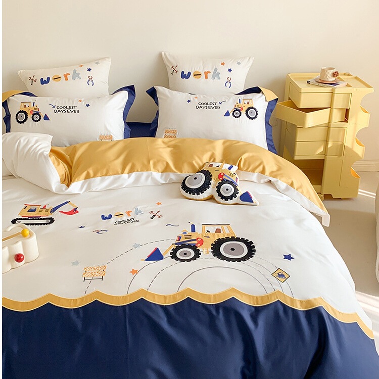 Boys' Excavator 100S Pure Cotton Long-Staple Cotton Four-Piece Set, All-Cotton Duvet Cover, Bed Sheet, Cartoon Children's Bedding