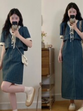 夏季大码胖妹妹韩系显瘦V领网纱钉珠条纹牛仔连衣裙女假两件裙子