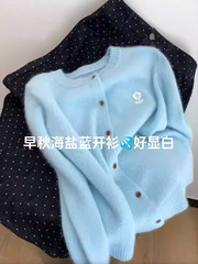 韩系2025早秋新款圆领长袖花朵刺绣毛衣针织开衫上衣女慵懒风百搭