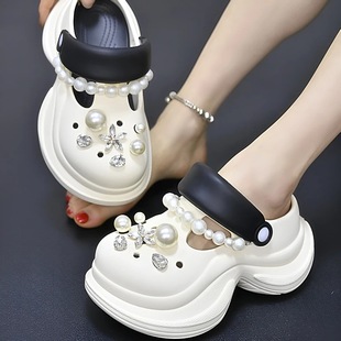 Thick-Soled Clogs for Women, Pearl Trendyy Summer Toe-Toe Slippers, Breathable Non-Slip Eva Sandals for Women