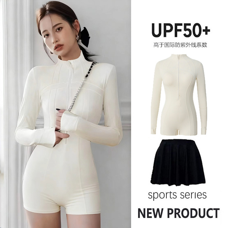 尾波冲浪高领泳衣女长袖长裤专业防晒UPF50+连体速干潜水服水母衣|undefined