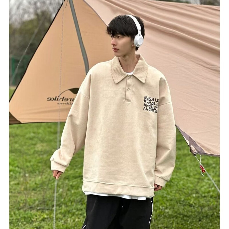 Polo Shirt Men's Trendy Brand Ins Niche High Street Versatile Lapel Sweatshirt Spring and Autum Loose Oversize Long-Sleeved T-Shirt