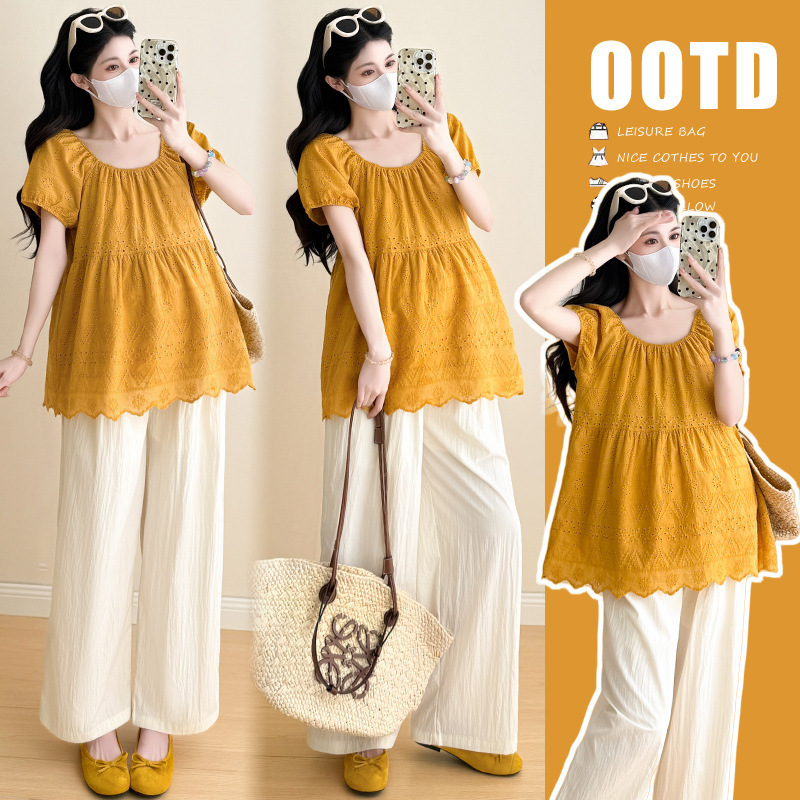 Maternity Wear Summer New High-End Jacquard Embroider Two-Wear Square Neck One-Shoulder Puff Sleeve Top + Pants