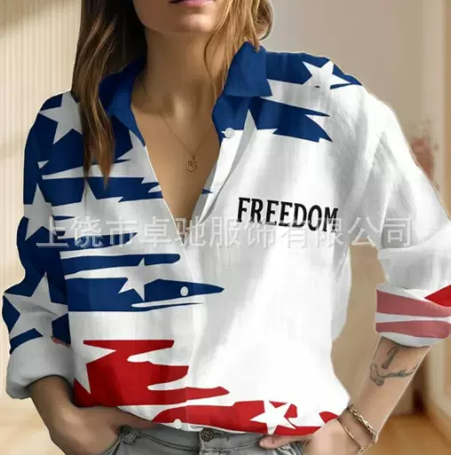 新款2025女士长款衬衫女夏季欧美潮流长袖衬衫印花图案印花3D衬衫