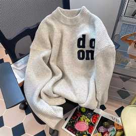 日系复古字母刺绣毛衣外套情侣款秋冬季港风时尚潮牌针织衫上衣服