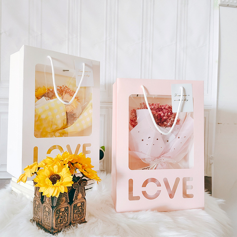 定製包裝袋 鮮花手提袋love櫥窗袋pvc開窗禮品袋 花束手提袋批發