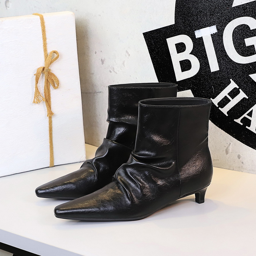 2887-2 Vintage Fashion For Women, Thin Heel Pointed Toe Short Pleated Stack Slim Boots, French Style Martin Ankle Boots_vogvips.com