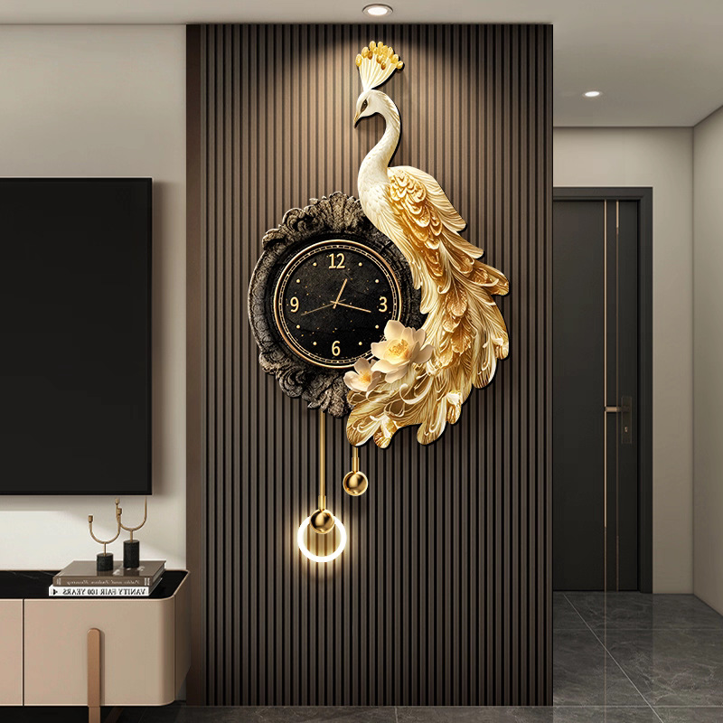 Peacock Clock Grille Tv Background Wall Decoration Painting Accessible Luxury Living Room Clock Hanging Painting High-End Entrance Corridor Painting