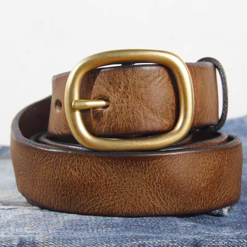 Copper buckle belt women's leather casual fashion pure cowhide youth ins jeans belt retro decorative thin belt