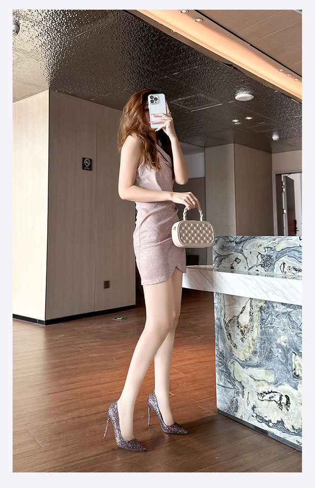 Giày cao gót nữ mũi nhọn gót siêu cao phủ sequins lấp lánh phong cách Âu Mỹ — Màu bạc, Màu sắc, Màu vàng, Màu đỏ chi tiết 16