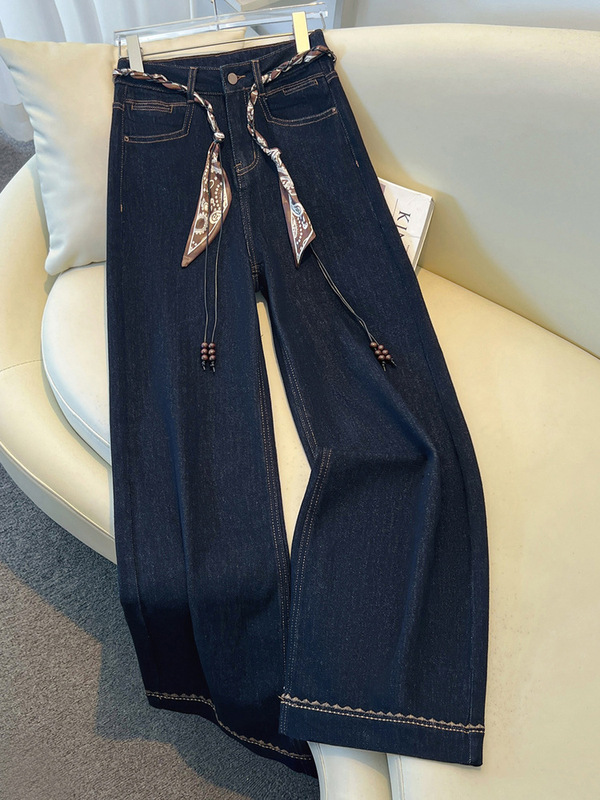 Women's Wide-Leg Jeans, New Fall Style, Super Popular Pants with Silk Scarf Belt, Trendy Straight-Leg Pants