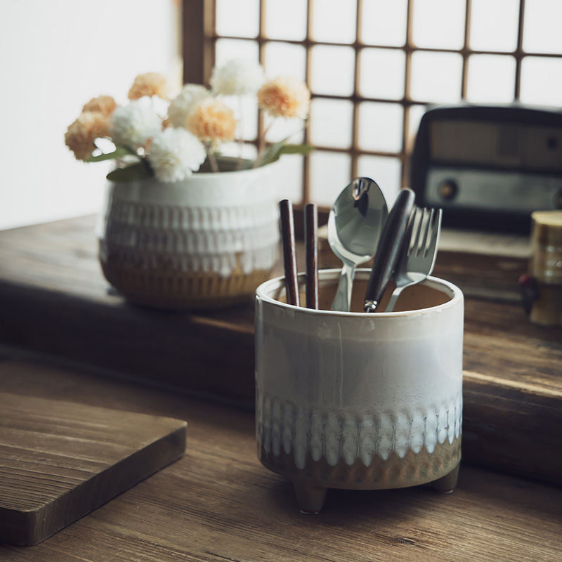 [Antiguidad clásica] vasijas de cerámica creativas decorativas de flores para el hogar, ornamentos de cocina, palillos, cuchillos, tenedores, cucharas, contenedores