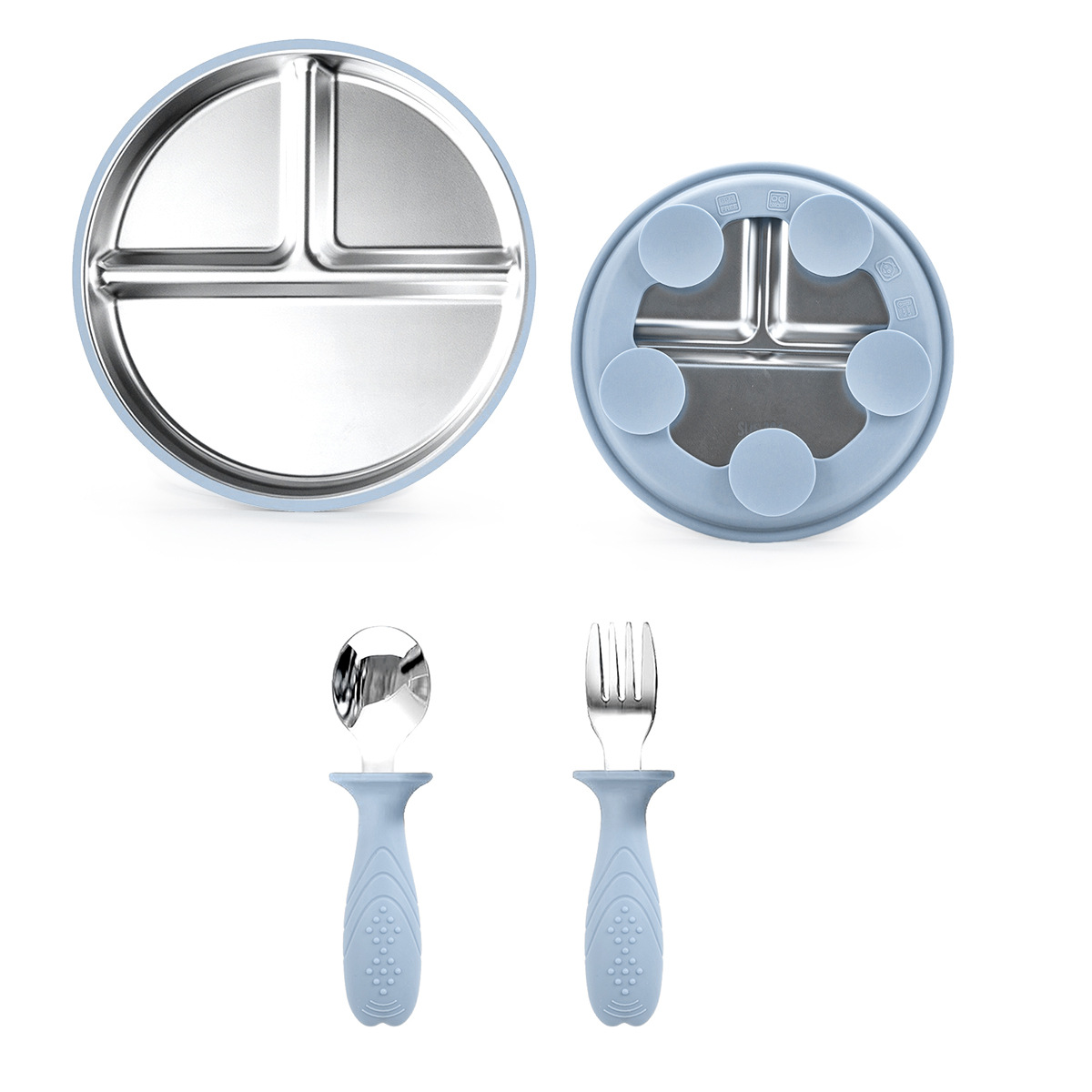 Plato de comedor de silicona de acero inoxidable 304, juego de tazón de arroz con aislamiento térmico para niños de grado alimenticio, cuchara de tenedor, tazón de sopa grueso, anti-caída y anti-escaldado