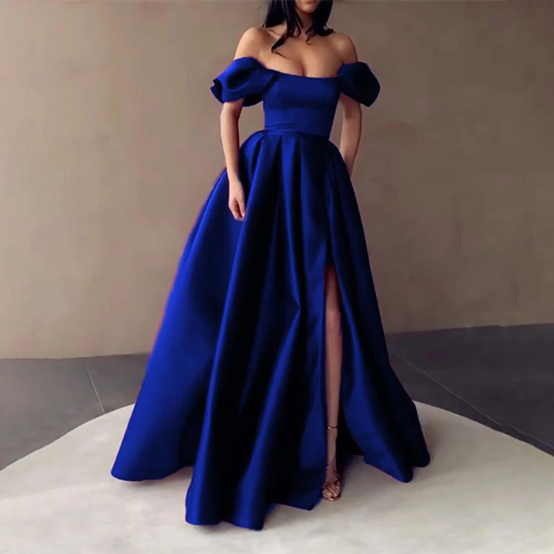 Europeo y americano Amazon AliExpress deseo nuevo vestido de cena de satén de hombro simple elegante adelgazamiento A-Line
