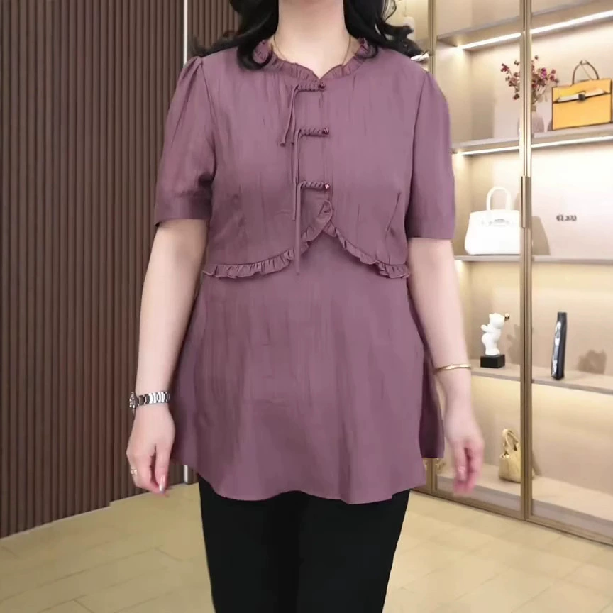 2025 новый летний новый китайский стиль повседневная леди мода поддельный двухсекционный шифоновая рубашка топ мама большого размера