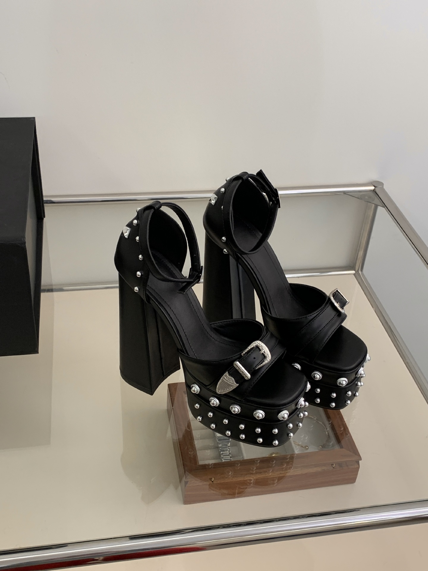 Sandal cao gót nữ hở mũi đính đá, quai một chữ, gót 14,5 cm, đế platform — màu đen chi tiết 23