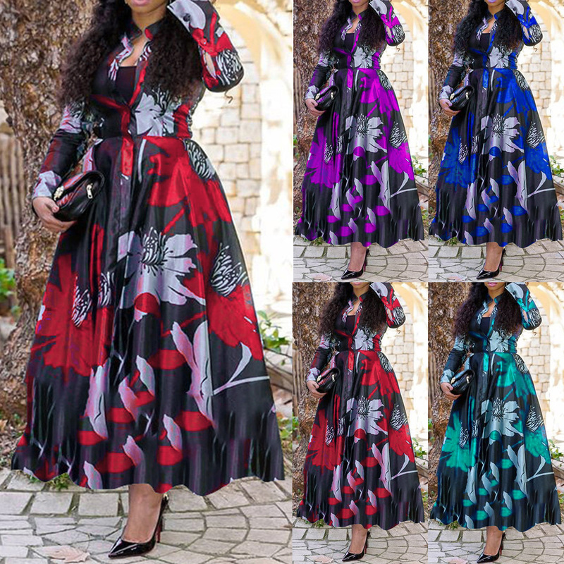 Cross-border new European and American retro printing pendulum four-color slim fashion palace dress Amazon a generation of hair Cross-border new European and American retro printing pendulum four-color slim fashion palace dress Amazon a generation of hair