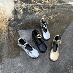 牛皮版~復古平底芭蕾舞鞋女金屬環綁帶內增高大頭瑪麗珍單鞋