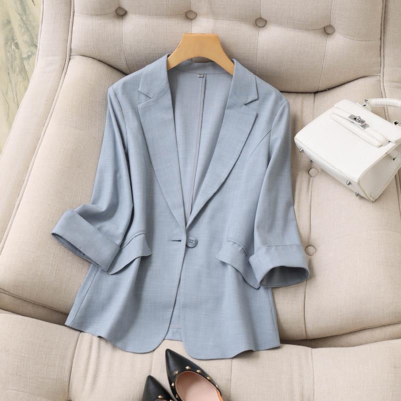 Spring and Summer New Korean Style Tencel Linen Small Blazer Jacket for Women, Thin Apricot Color, Three-Quarter Sleeves, Slim Fit Suit Top for Women